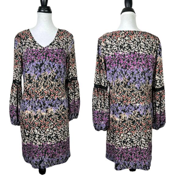 MSK | Black & Purple Micro Floral Print Long Sleeve V-neck Mini Shift Dress - Picture 1 of 9